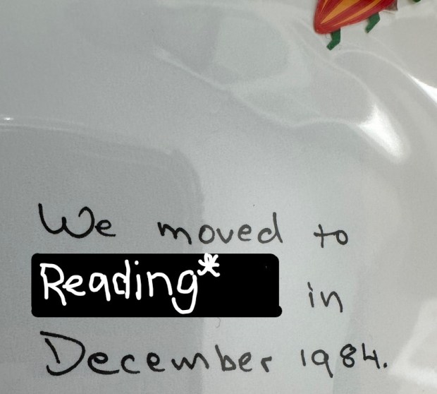 Mother's handwriting "We moved to Reading in December 1984".  