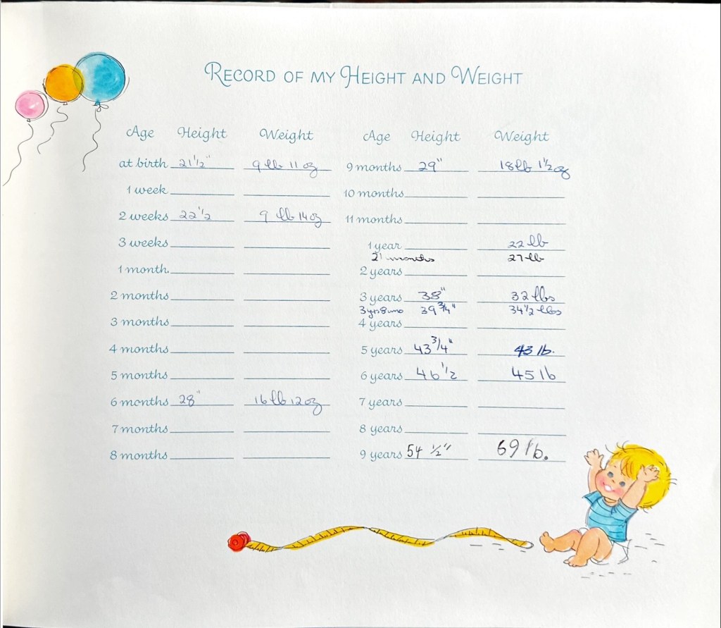 Author's LDS Mormon Baby book, childhood memory keeper.  This is the Record of Height and Weight page.  My Parent's last entry was at 6 years old.  No entry for 8 years old, an important milestone for LDS Mormons. 