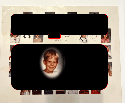 a first grade class photo without names.  The author has censored all faces.  The author's face from the photo is superimposed over the censored faces.  