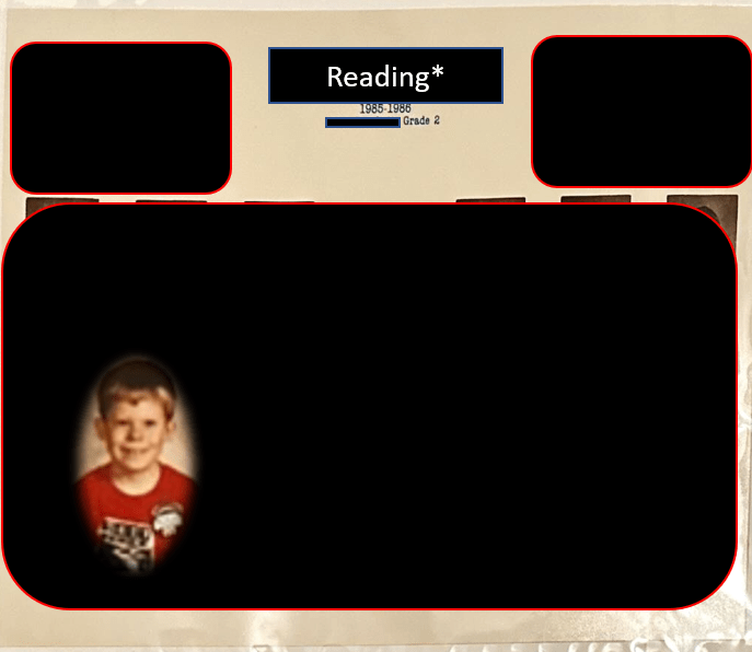 the author's second grade class photo.  all faces and identified information is censors.  Author Joseph's image is superimposed over the censor