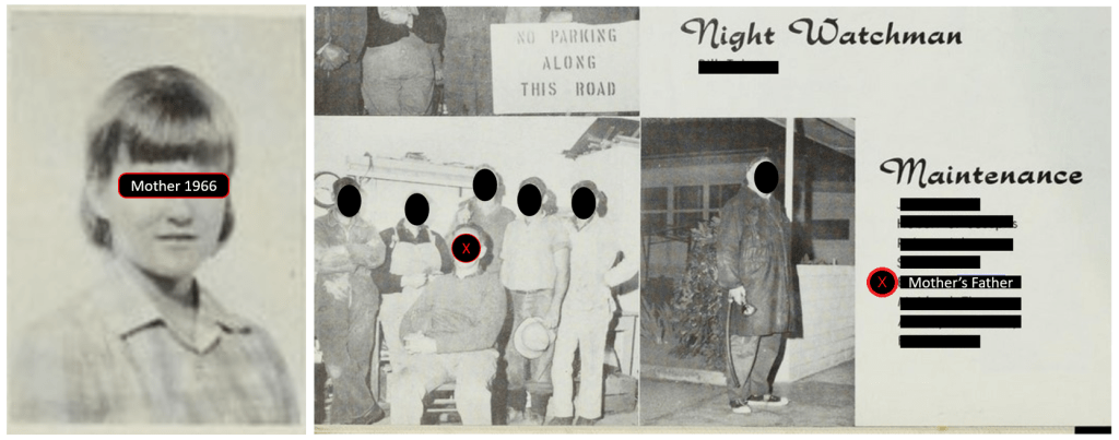 mother's 1966 school photo from boarding school.  
her father's photo as a Maintenance man at the same school.  