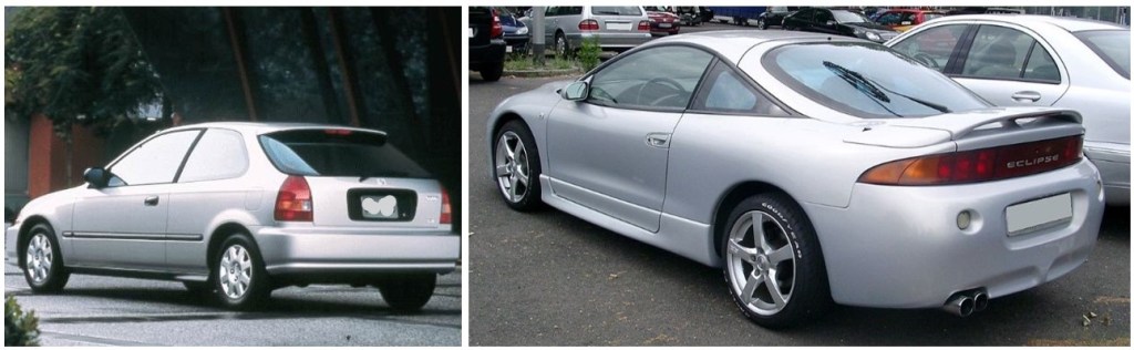 on the left, a 1999 Honda Civic, on the right is a 1994 Mitsubishi Eclipse