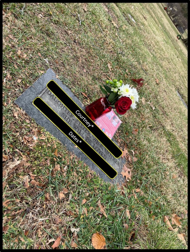 a photo of Courtney's grave.  There are flowers in a red jar.  I also left a tract about the Mormon Cover Up