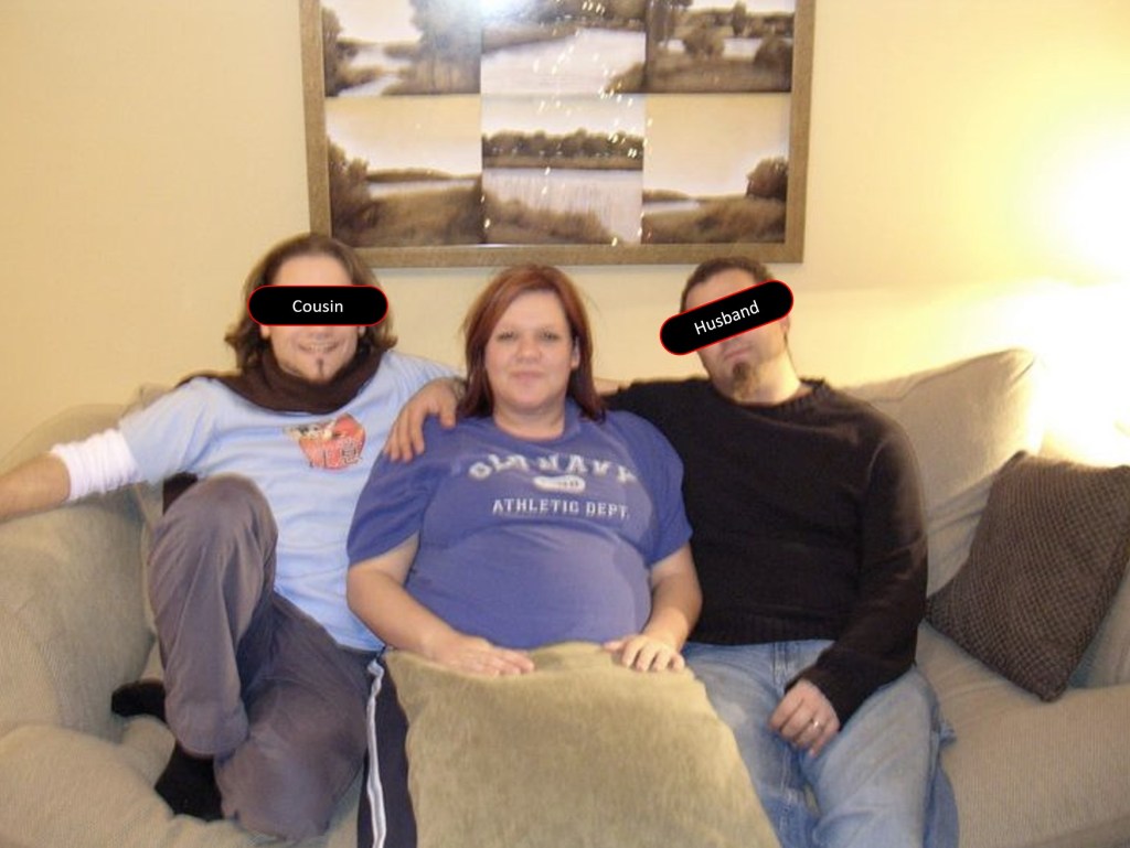 Courtney on a couch with her cousin and husband.  this was Courtney's last Christmas.  