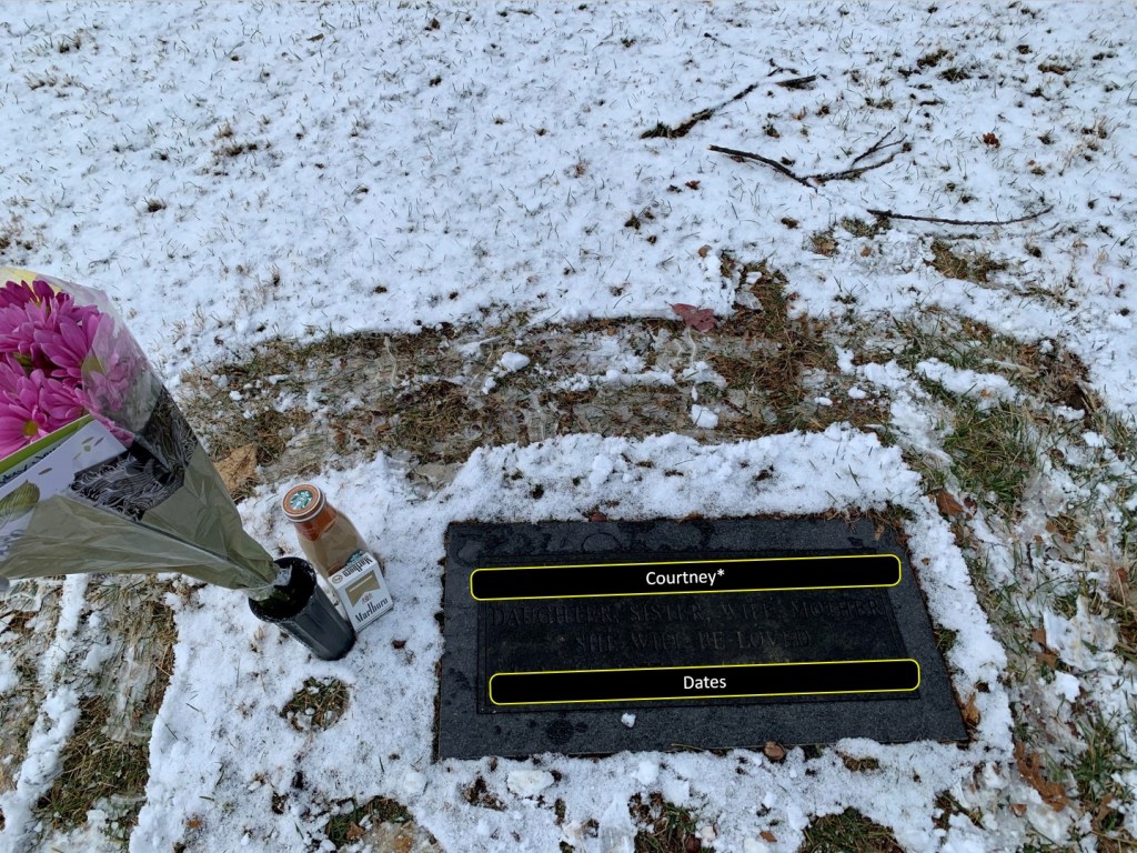 photo of Courtney's grave.  it is snow covered.  i brought gifts of Marlboro Lights, a caramel macchiato and flowers.  