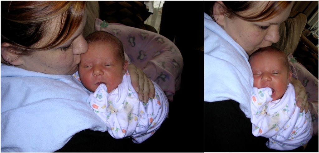 two images of Courtney* on the last birthday she was alive.  She is holding her week-old child in both pictures.  