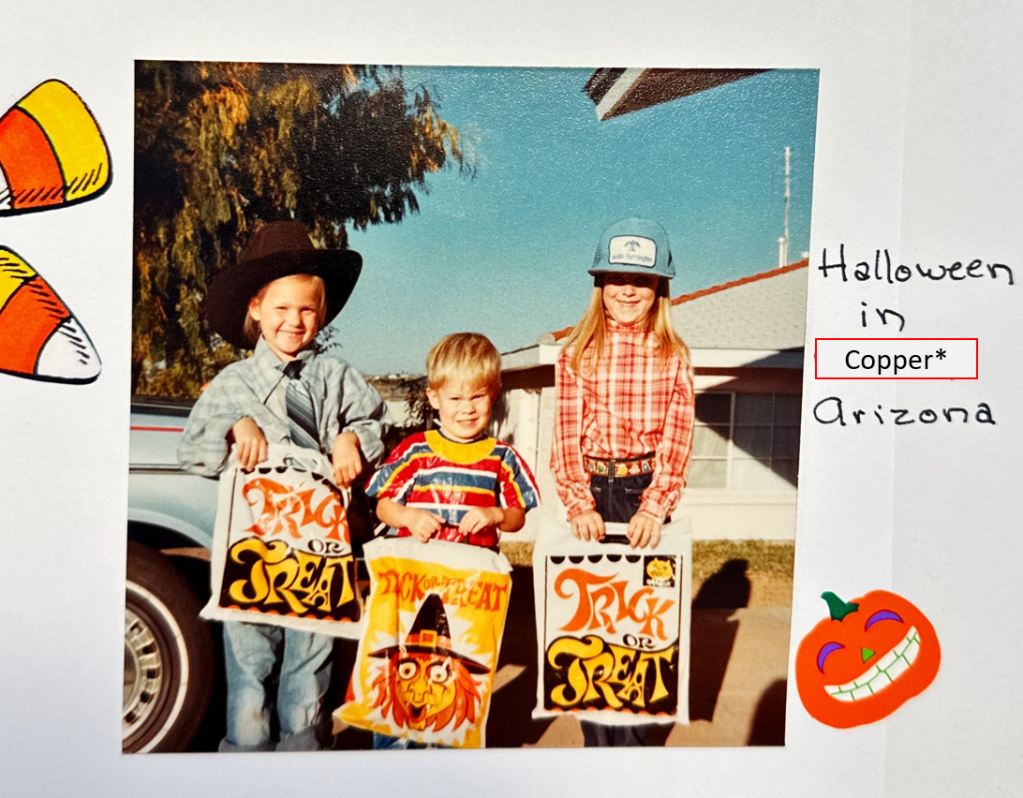 left to right: Courtney*, author Joseph*, Stefanie*.  Halloween early 1980s.  