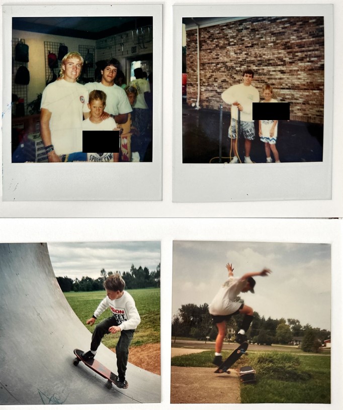 Four photos of author Joseph, showing the change from "jock" to "skater".  
Josephwith Dave Voelker, Dyno Pro rider (1987?)
 Joseph with Brett (?), Dyno Pro rider (1987?). 
Joseph skateboards near Springfield date unknown. 
Joseph skateboards in Australia (1990).