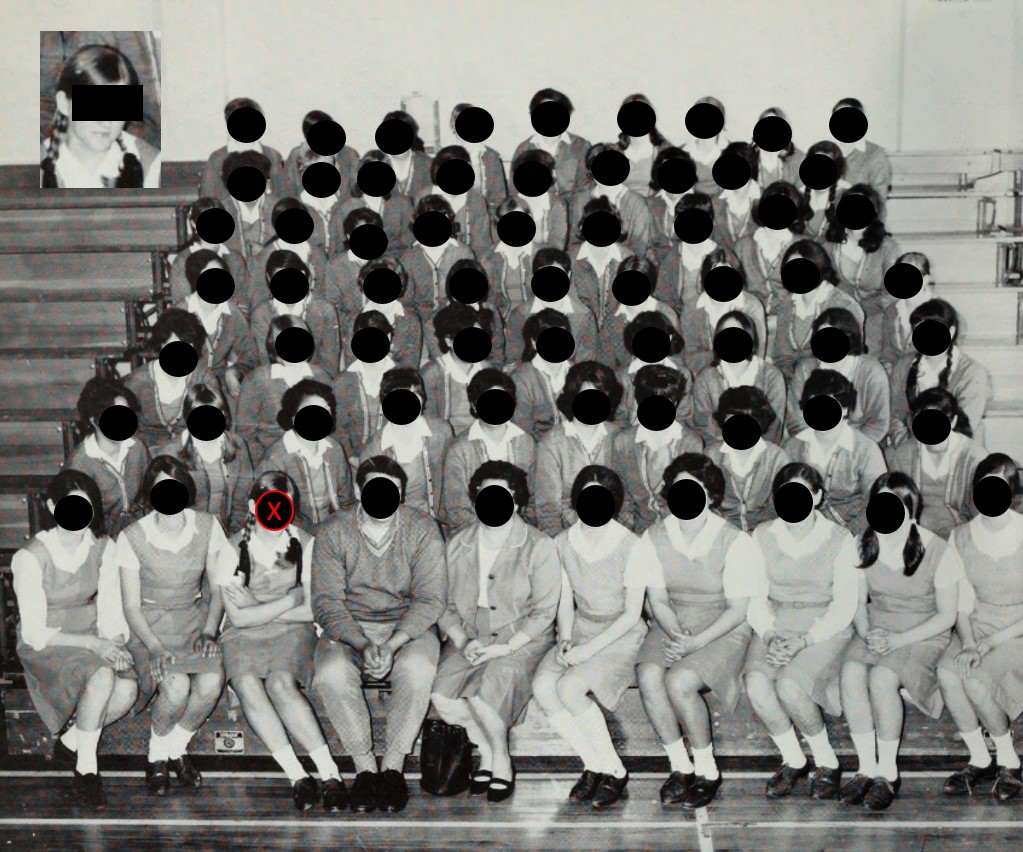 Mother's class photo from the LDS Mormon boarding school.  she is the only person in the photo with their arms crossed, glaring at someone off camera, but not the camera person.  