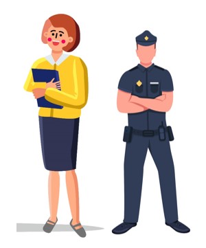  a female teacher standing next to a male police officer.  the officer is in full uniform.  The teacher is taller than the police officer.  