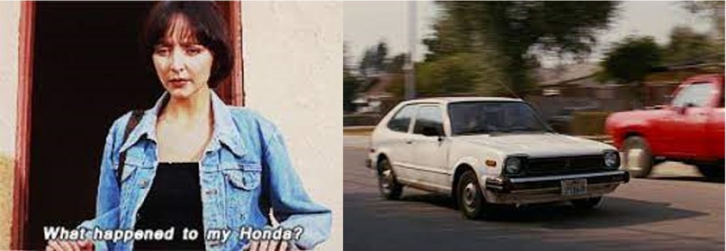frames from Pulp Fiction,  Quentin Tarantino's 1994 masterpiece.  It's the scene where Fabienne see's Butch pull up on the chopper.  She asks "what happened to my Honda?  Mother said the same thing in 1999 lmao