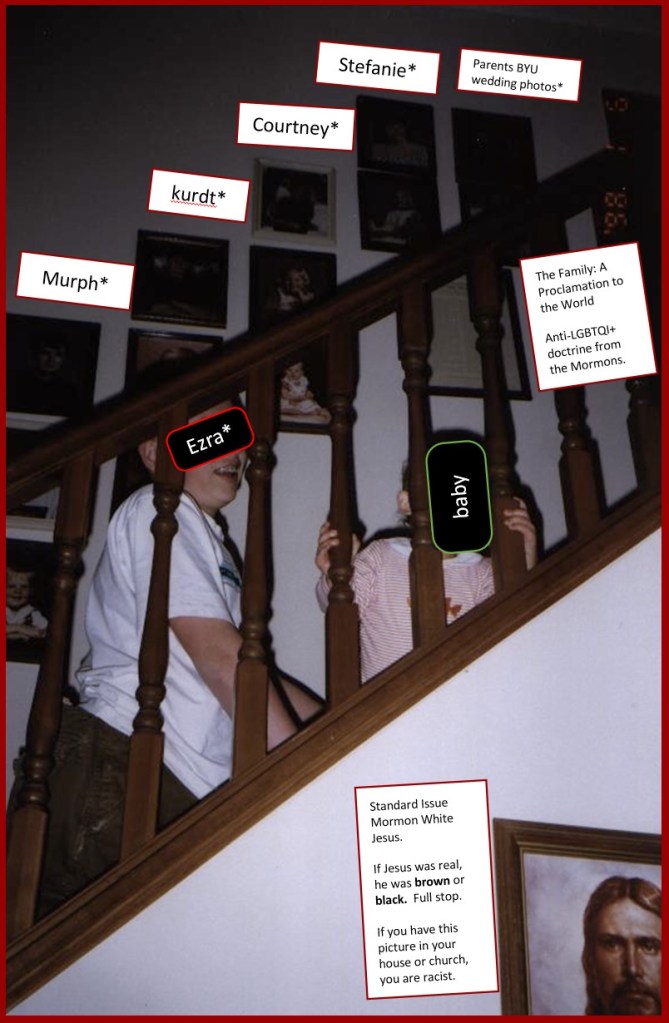 photo of the stairway at my parents house.  it has photos of the six children going up the stairs.  The LDS "Family: A Proclamation to the World" is integrated with the family photos.  