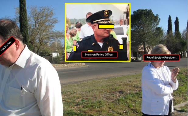 my Father, the Mormon Bishop on the left.  Mother, the Relief Society President on the right.  They look unhappy.  The Mormon cop is pictured in an inset.    